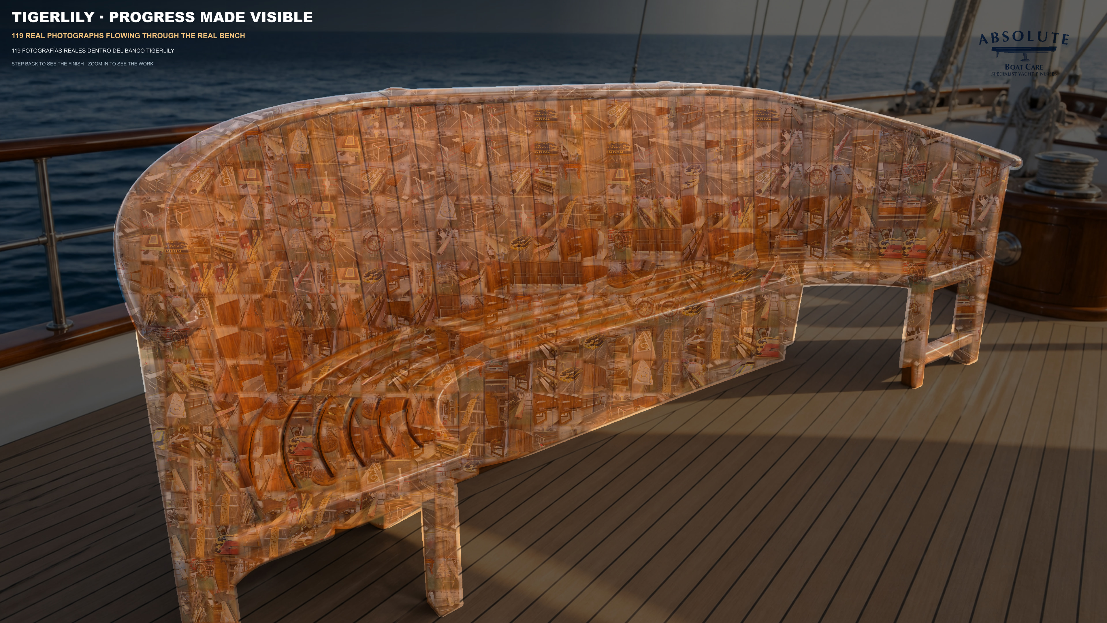 Tigerlily bench formed from 119 real work photographs.